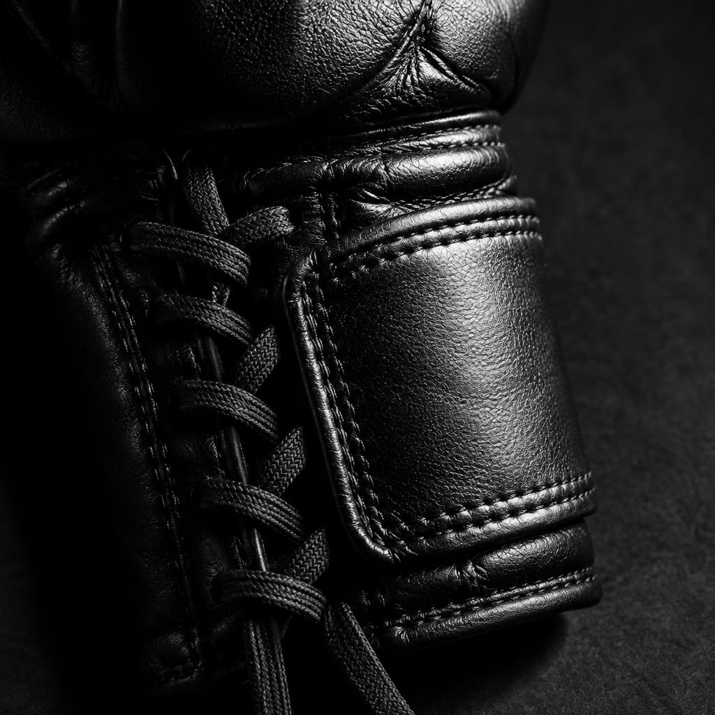 Close-up of a boxing glove's stitched leather and laces