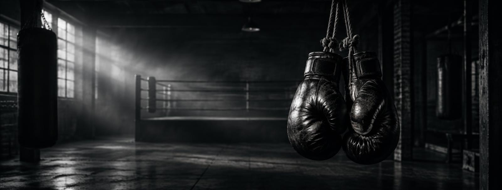 Boxing gloves hanging from the ropes in an empty gym