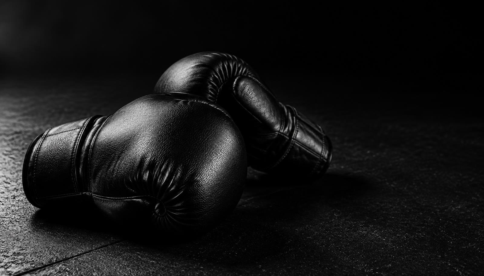 Black leather boxing gloves resting on the gym floor